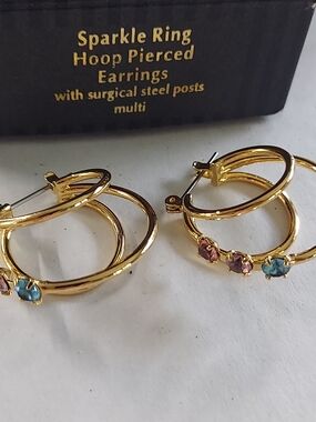 Vintage Avon Sparkle Ring Gold Hoop Earrings with Pink and Blue Stones